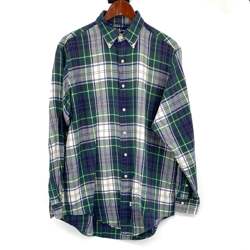 Vintage Ralph‎ Lauren Button Down Shirt Men’s Medium Plaid Blue Yellow Collared